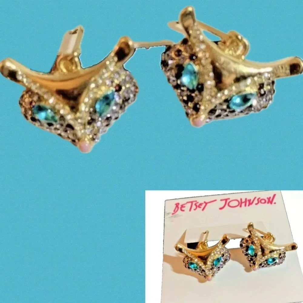 Betsey Johnson Gold Purple-Blue Crystal Pave Fox Head Dangle Lever Earrings
